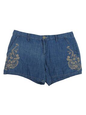 Liz Claiborne Women 14 Blue Chambray Shorts Beige Embroidered Flowers Floral